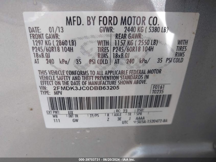 2013 Ford Edge Sel VIN: 2FMDK3JC0DBB63205 Lot: 39703731