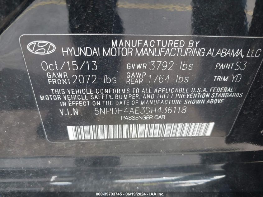 2013 Hyundai Elantra Gls VIN: 5NPDH4AE3DH436118 Lot: 39703745