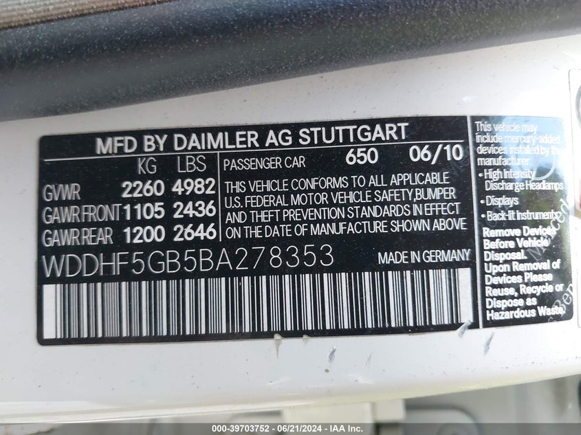 2011 Mercedes-Benz E 350 VIN: WDDHF5GB5BA278353 Lot: 39703752