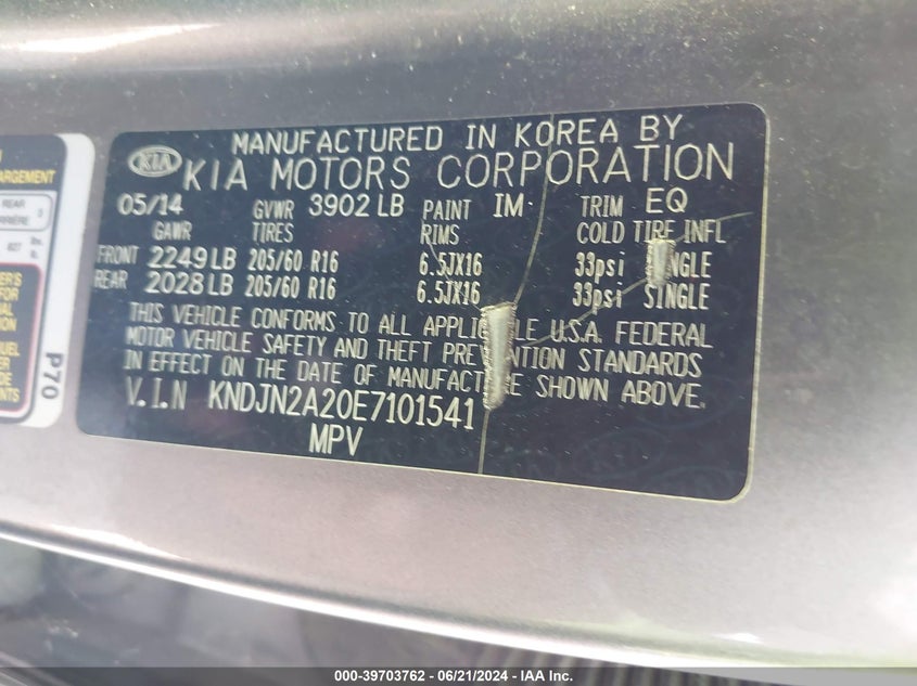 2014 Kia Soul VIN: KNDJN2A20E7101541 Lot: 39703762