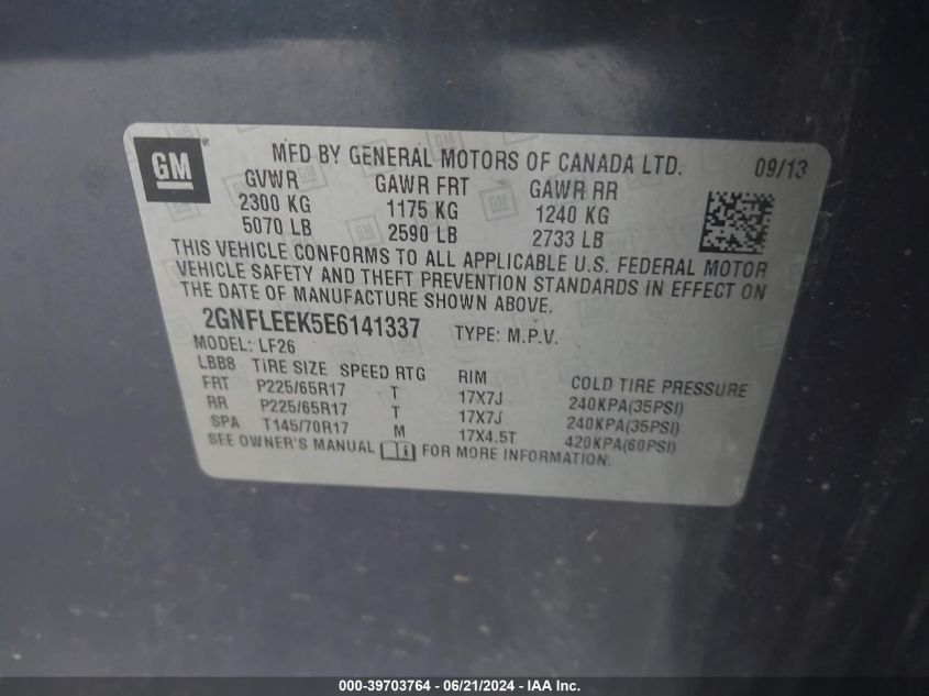 2014 Chevrolet Equinox Ls VIN: 2GNFLEEK5E6141337 Lot: 39703764