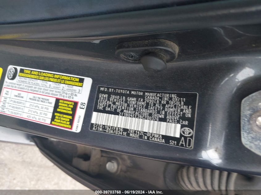 2011 Toyota Corolla Le VIN: 2T1BU4EE2BC700376 Lot: 39703768