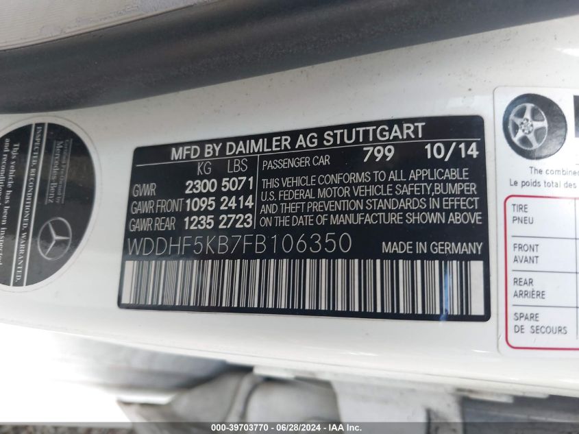 2015 Mercedes-Benz E 350 350 VIN: WDDHF5KB7FB106350 Lot: 39703770