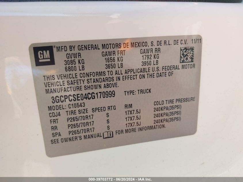 2012 Chevrolet Silverado 1500 Lt VIN: 3GCPCSE04CG170999 Lot: 39703772