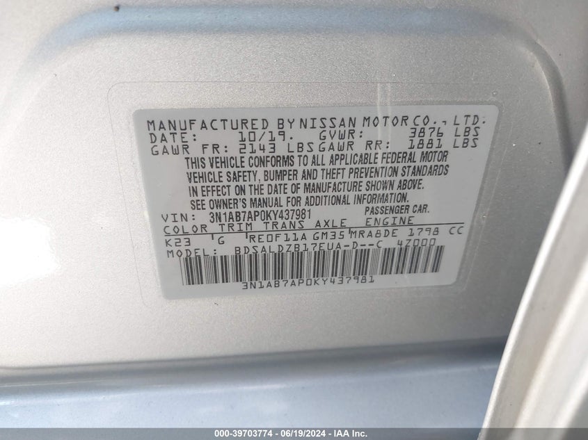 VIN 3N1AB7AP0KY437981 2019 NISSAN SENTRA SV