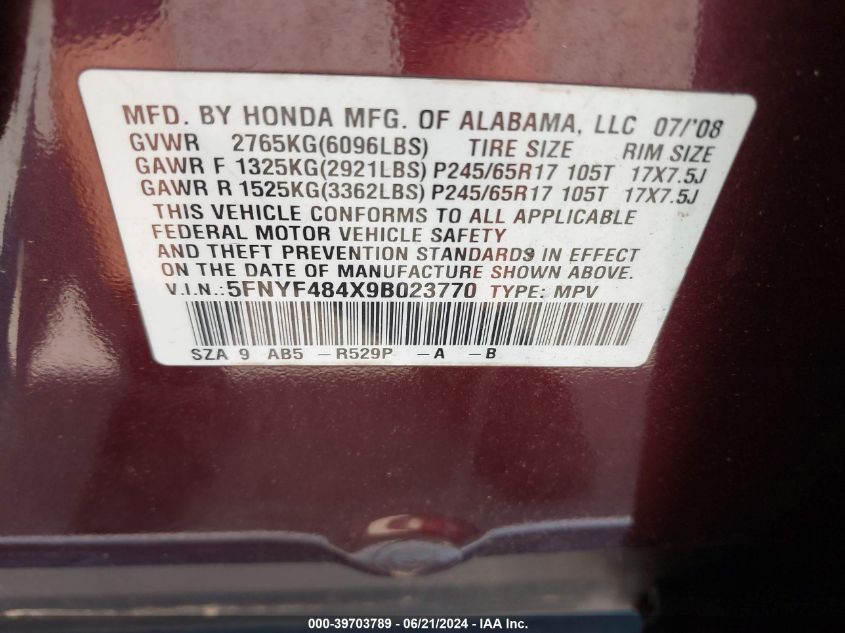 2009 Honda Pilot Ex VIN: 5FNYF484X9B023770 Lot: 39703789