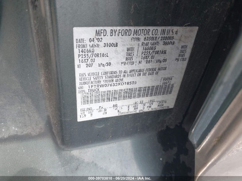 2002 Ford F150 Supercrew VIN: 1FTRW07632KD18525 Lot: 39703810