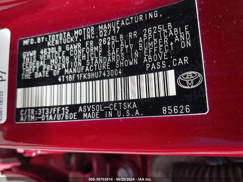 4T1BF1FK9HU743004 2017 Toyota Camry Se