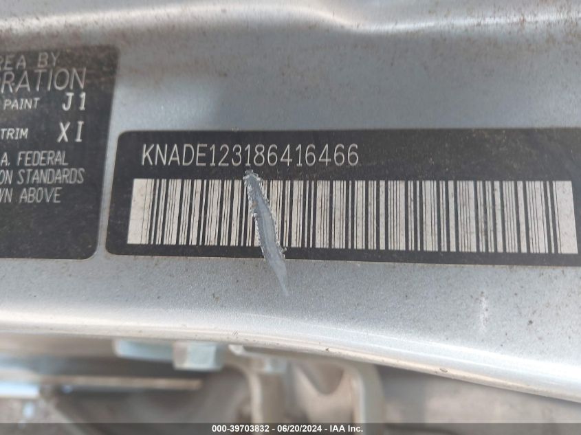 2008 Kia Rio Lx VIN: KNADE123186416466 Lot: 39703832