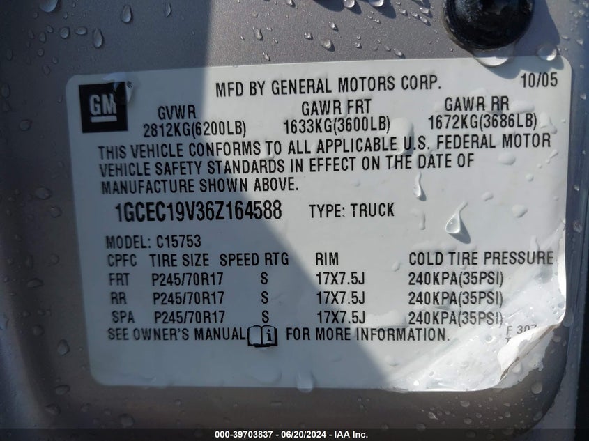 2006 Chevrolet Silverado 1500 Lt1 VIN: 1GCEC19V36Z164588 Lot: 39703837