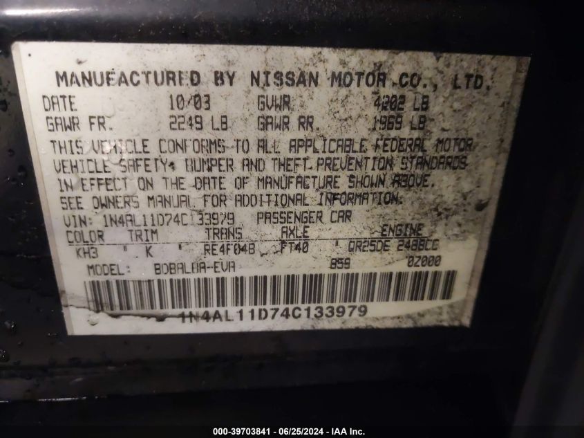 2004 Nissan Altima 2.5 S VIN: 1N4AL11D74C133979 Lot: 39703841