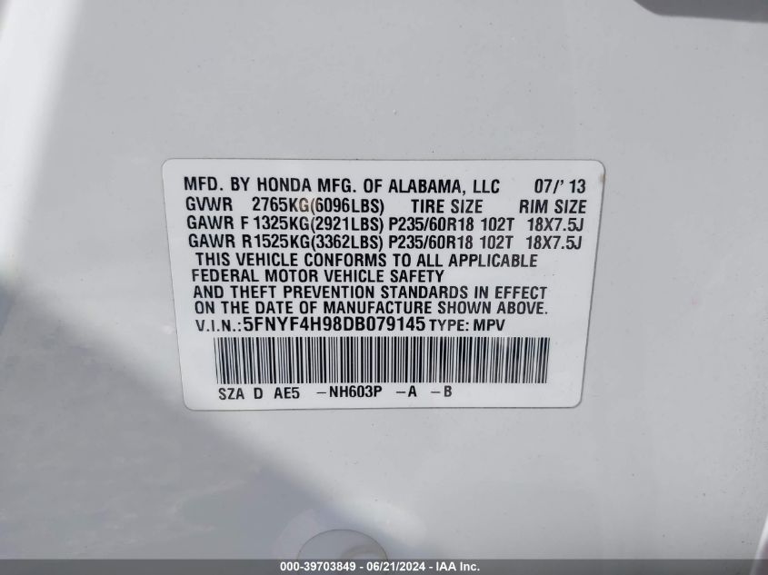 2013 Honda Pilot Touring VIN: 5FNYF4H98DB079145 Lot: 39703849