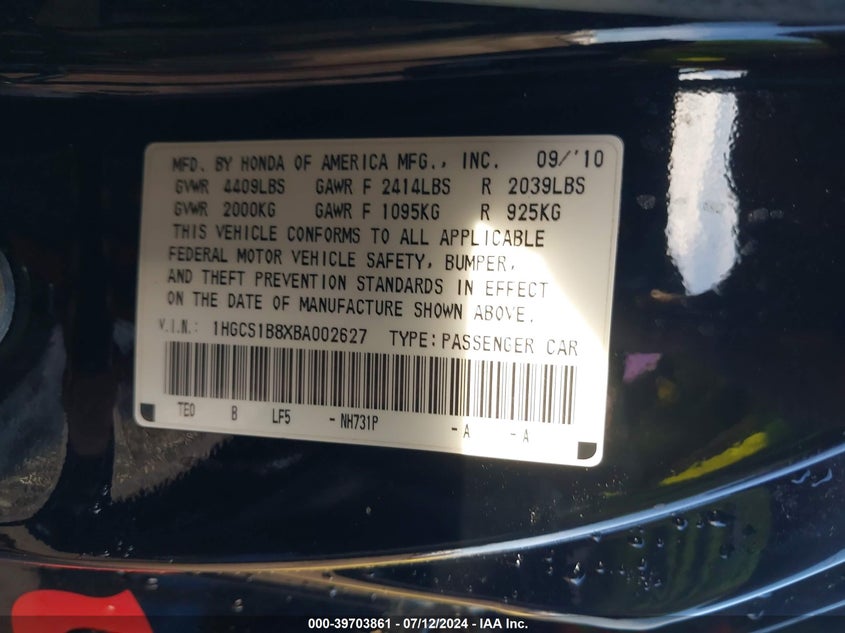 2011 Honda Accord 2.4 Ex-L VIN: 1HGCS1B8XBA002627 Lot: 39703861