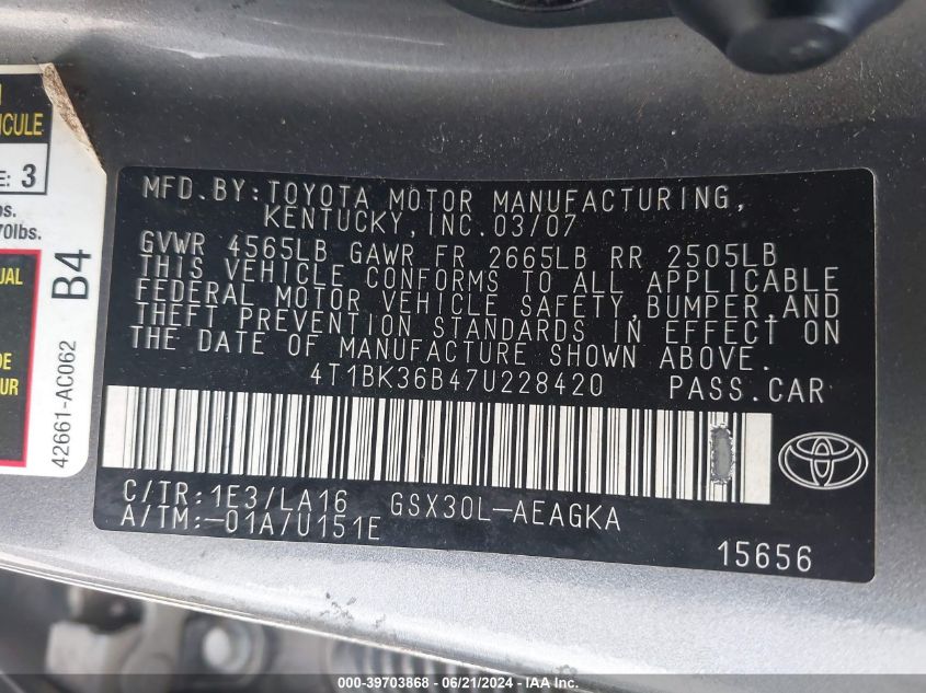 2007 Toyota Avalon Xls VIN: 4T1BK36B47U228420 Lot: 39703868