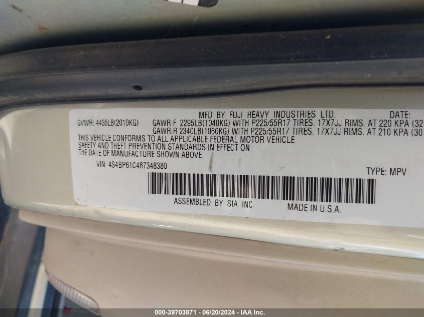 2006 Subaru Outback 2.5I VIN: 4S4BP61C467348380 Lot: 39703871