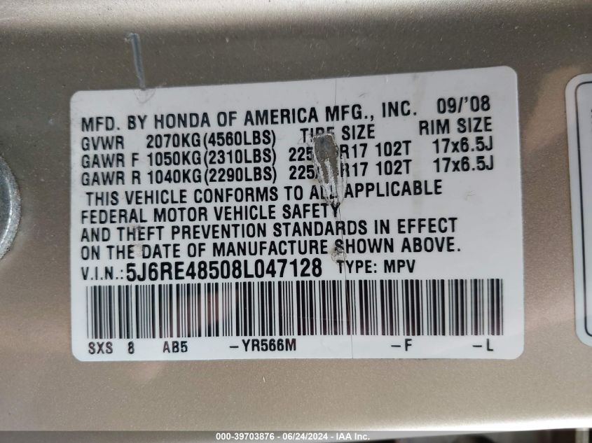 2008 Honda Cr-V Ex VIN: 5J6RE48508L047128 Lot: 39703876