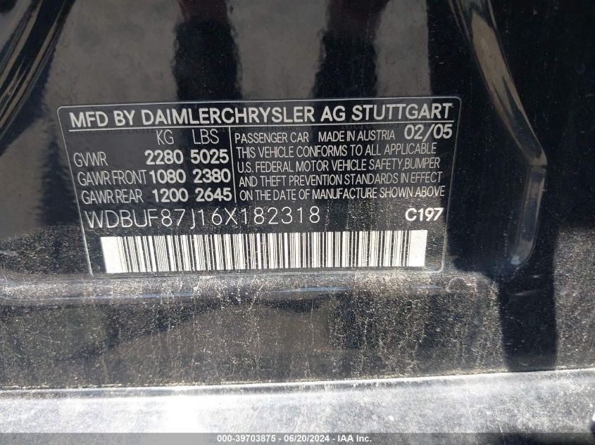 2006 Mercedes-Benz E 350 4Matic VIN: WDBUF87J16X182318 Lot: 39703875