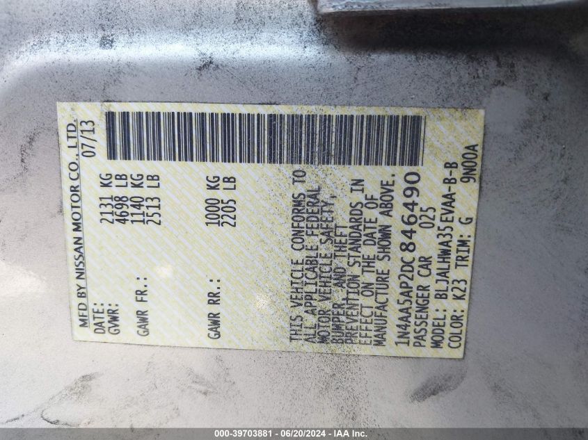 2013 Nissan Maxima S/Sv VIN: 1N4AA5AP2DC846490 Lot: 39703881