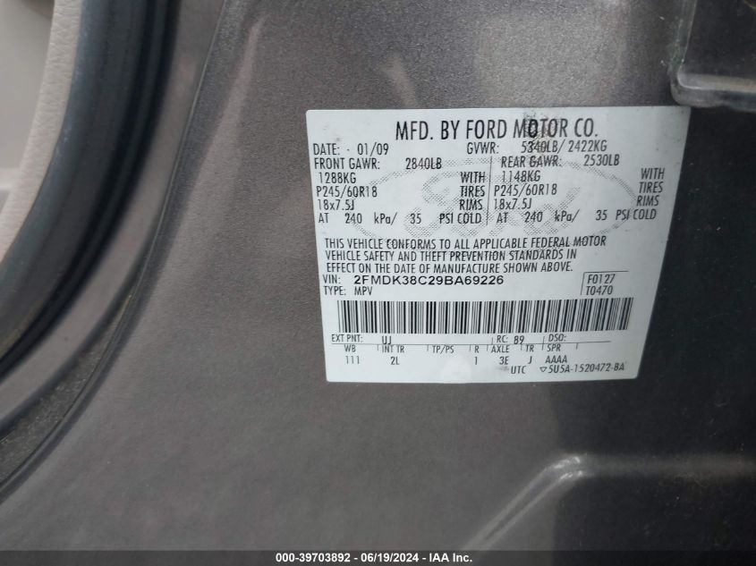 2009 Ford Edge Sel VIN: 2FMDK38C29BA69226 Lot: 39703892