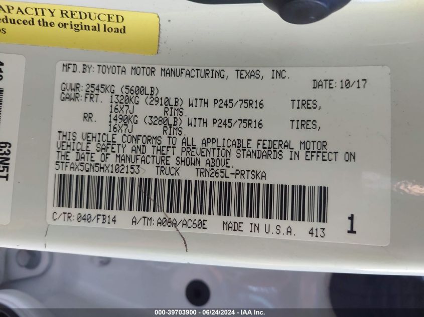 2017 Toyota Tacoma Sr VIN: 5TFAX5GN5HX102153 Lot: 39703900