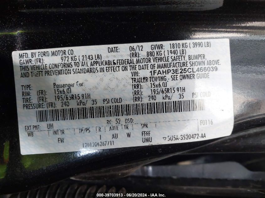 2012 Ford Focus S VIN: 1FAHP3E25CL466039 Lot: 39703913