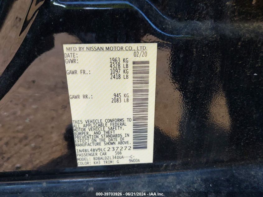 2020 Nissan Altima S Fwd VIN: 1N4BL4BV9LC237272 Lot: 39703926