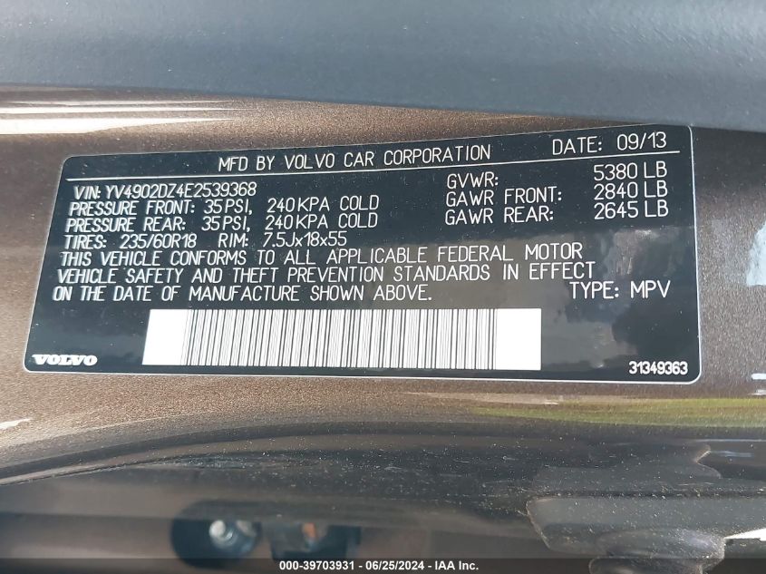 2014 Volvo Xc60 T6/T6 Platinum/T6 Premier Plus/T6 R-Design/T6 R-Design Platinum/T6 R-Design Premier Plus VIN: YV4902DZ4E2539368 Lot: 39703931