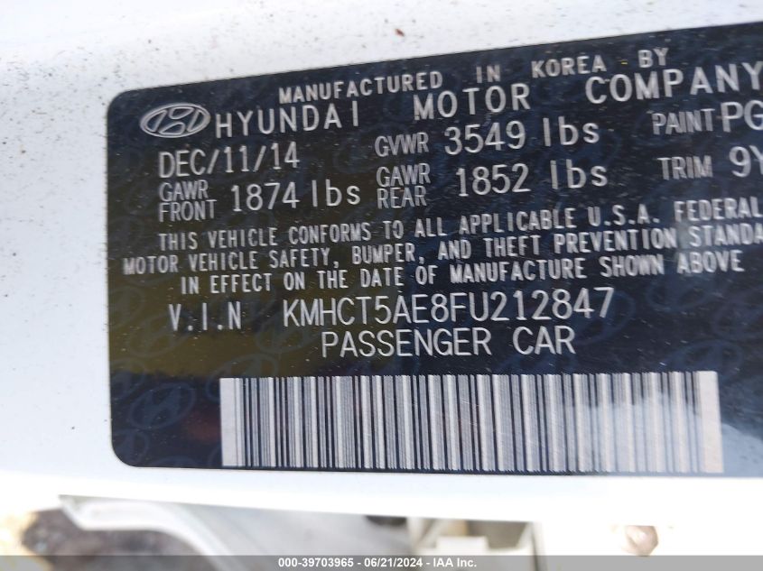 2015 Hyundai Accent Gs VIN: KMHCT5AE8FU212847 Lot: 39703965