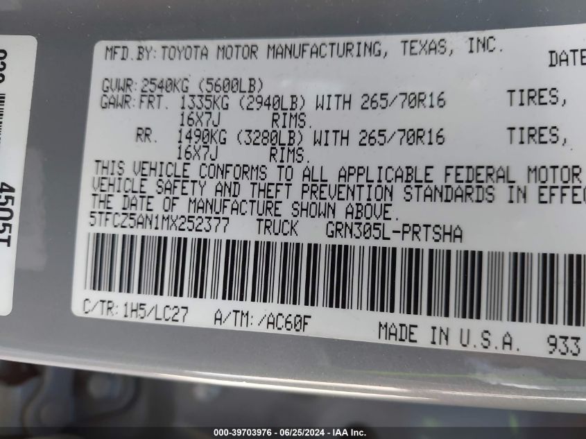 2021 Toyota Tacoma Trd Off-Road VIN: 5TFCZ5AN1MX252377 Lot: 39703976