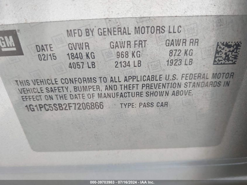 2015 Chevrolet Cruze 1Lt Auto VIN: 1G1PC5SB2F7206866 Lot: 39703983