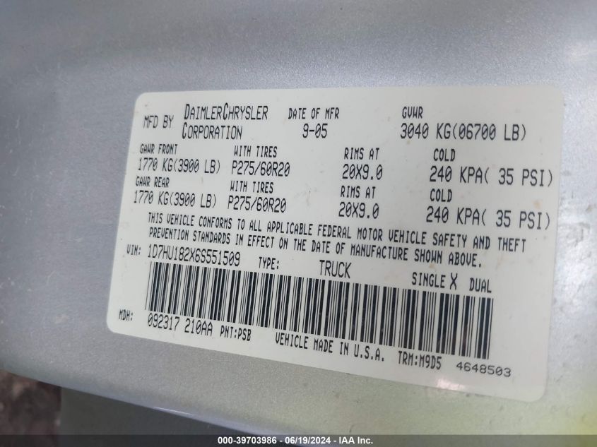 2006 Dodge Ram 1500 Slt/Trx4 Off Road/Sport VIN: 1D7HU182X6S551509 Lot: 39703986