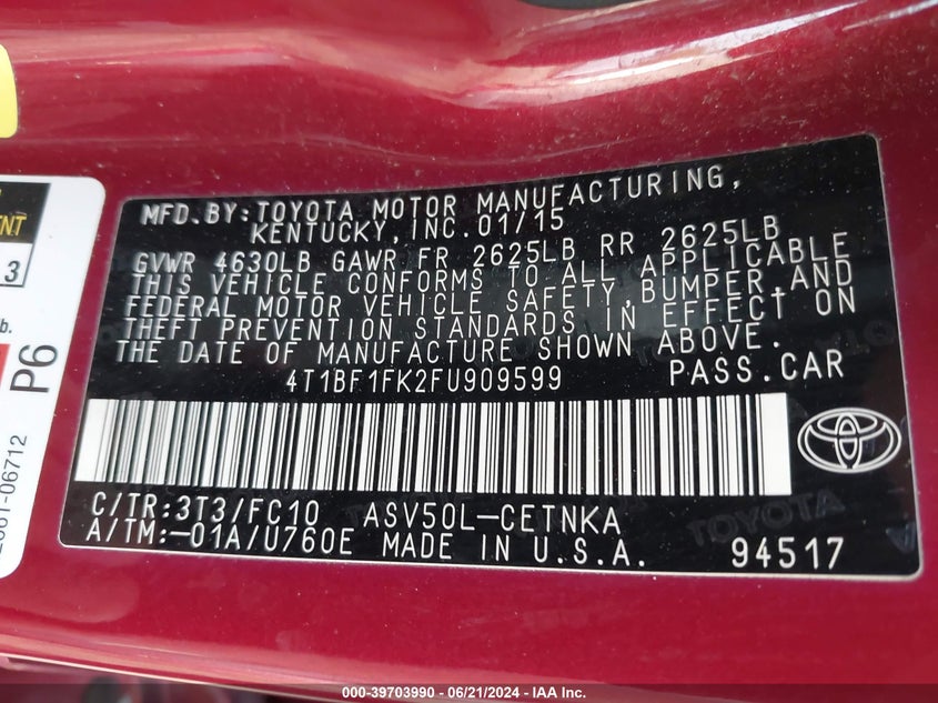 2015 Toyota Camry Le VIN: 4T1BF1FK2FU909599 Lot: 39703990