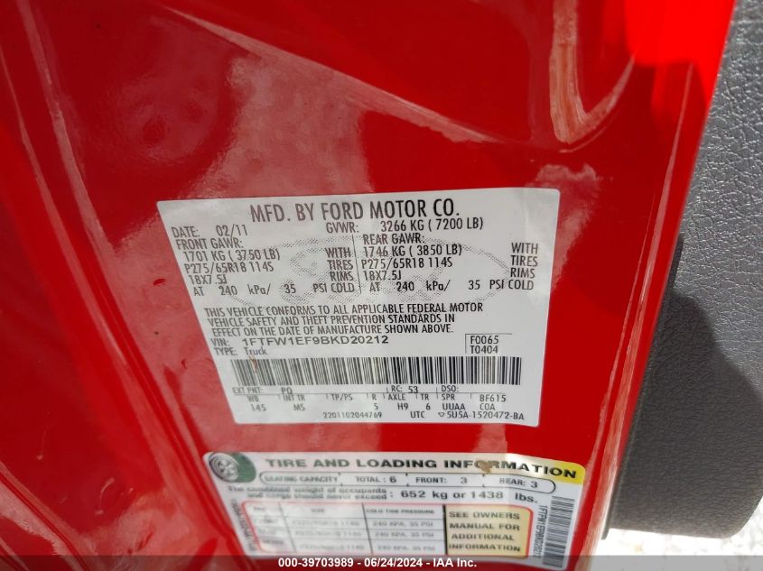 2011 Ford F-150 Xlt VIN: 1FTFW1EF9BKD20212 Lot: 39703989