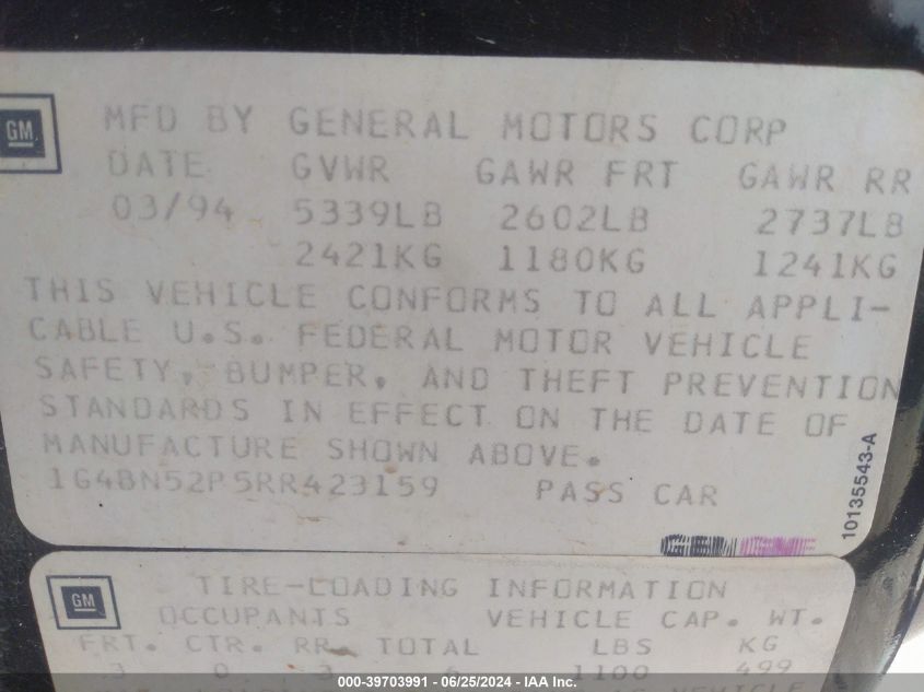 1994 Buick Roadmaster VIN: 1G4BN52P5RR423159 Lot: 39703991