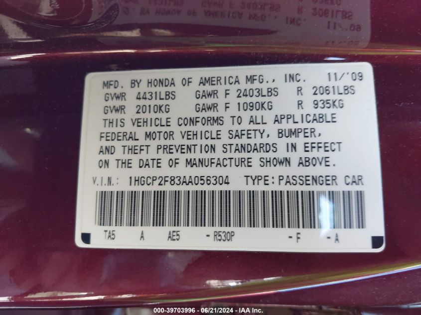 2010 Honda Accord 2.4 Ex-L VIN: 1HGCP2F83AA056304 Lot: 39703996