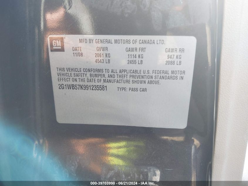 2009 Chevrolet Impala Ls VIN: 2G1WB57K991235581 Lot: 39703998