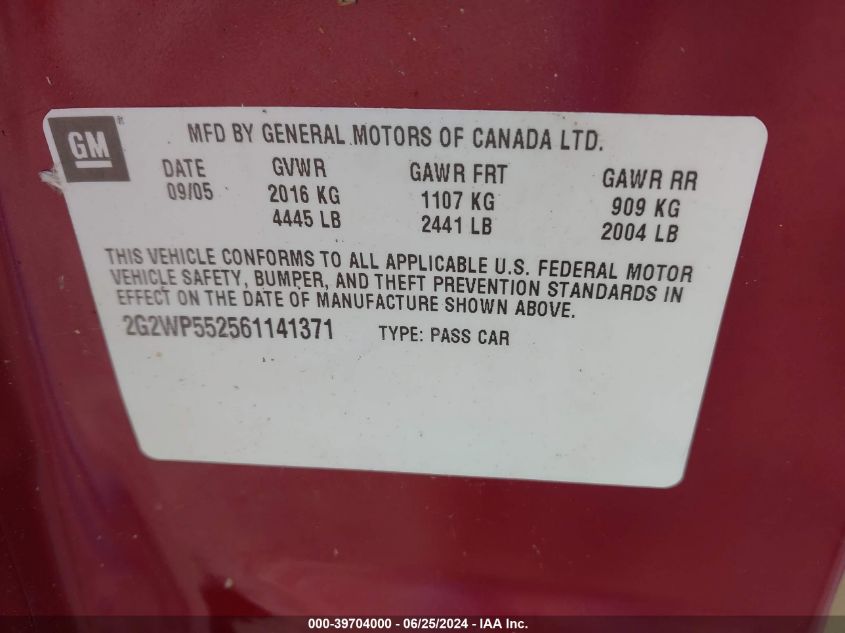 2006 Pontiac Grand Prix VIN: 2G2WP552561141371 Lot: 39704000