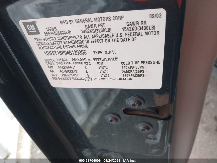 2004 Chevrolet Trailblazer Ext Ls VIN: 1GNET16P946129355 Lot: 39704009