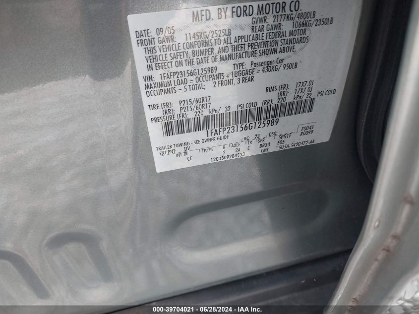 2006 Ford Five Hundred Se VIN: 1FAFP23156G125989 Lot: 39704021