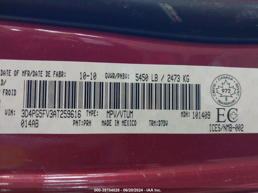 2010 Dodge Journey Sxt VIN: 3D4PG5FV3AT259616 Lot: 39704028