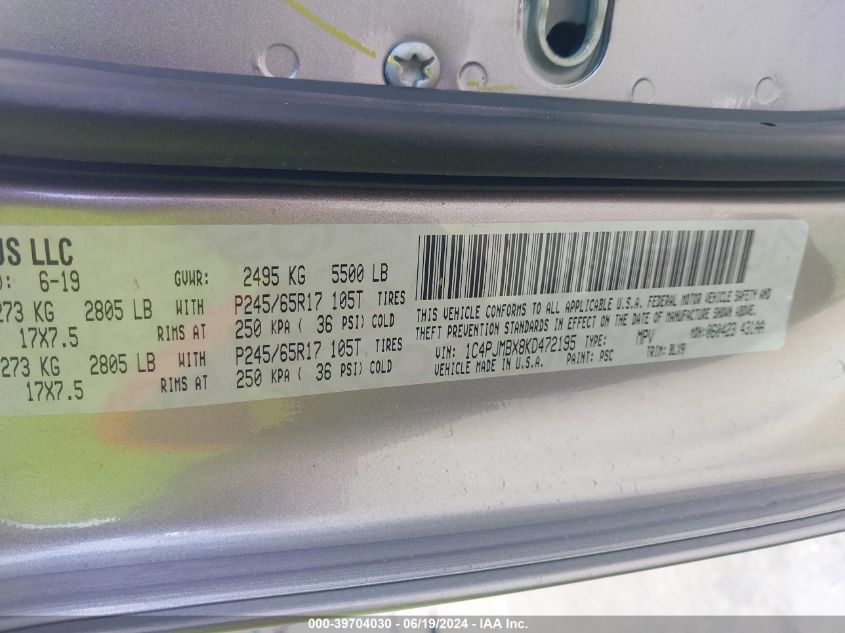 2019 Jeep Cherokee Trailhawk Elite 4X4 VIN: 1C4PJMBX8KD472195 Lot: 39704030