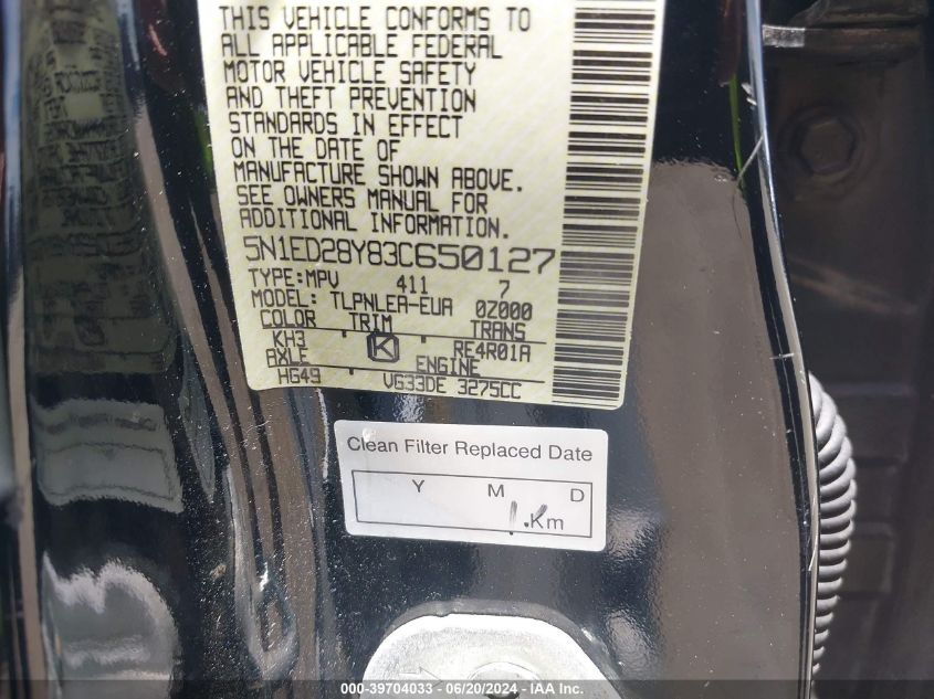 2003 Nissan Xterra Xe VIN: 5N1ED28Y83C650127 Lot: 39704033