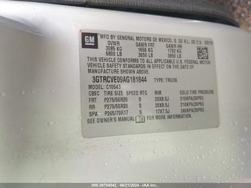 2010 GMC Sierra 1500 Sle VIN: 3GTRCVE09AG181844 Lot: 39704042