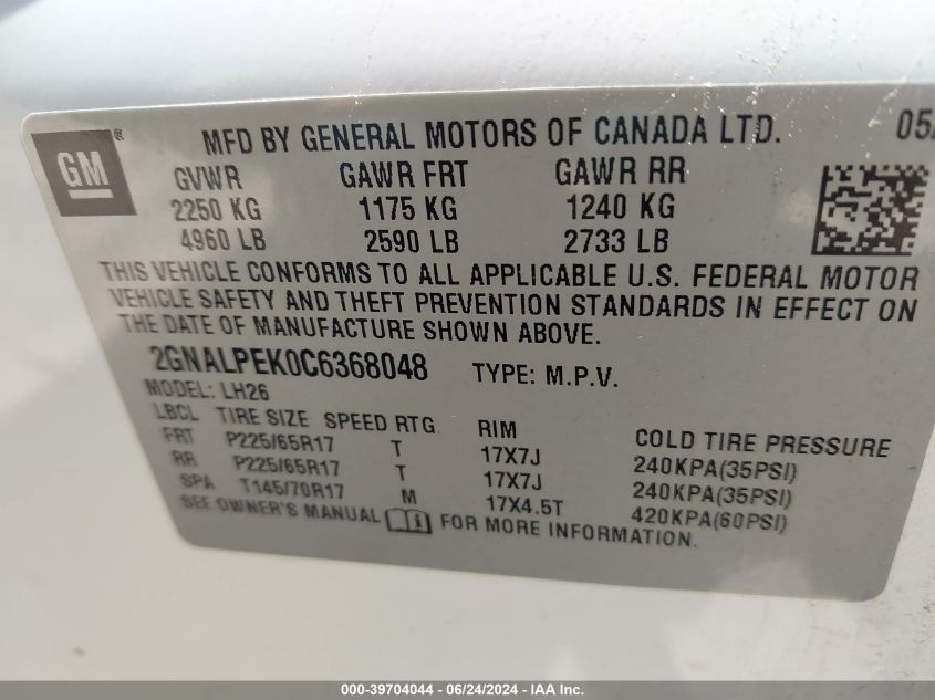 2012 Chevrolet Equinox 2Lt VIN: 2GNALPEK0C6368048 Lot: 39704044
