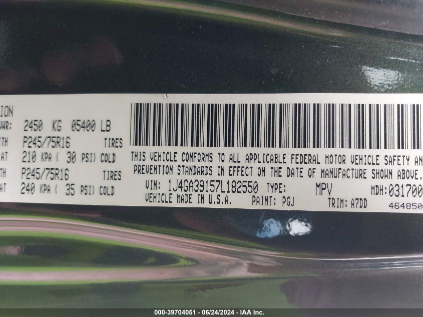 1J4GA39157L182550 2007 Jeep Wrangler Unlimited X