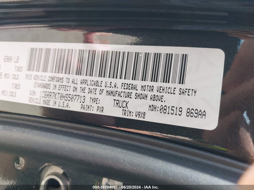 2017 Ram 1500 Express 4X4 5'7 Box VIN: 1C6RR7KT0HS507713 Lot: 39704057