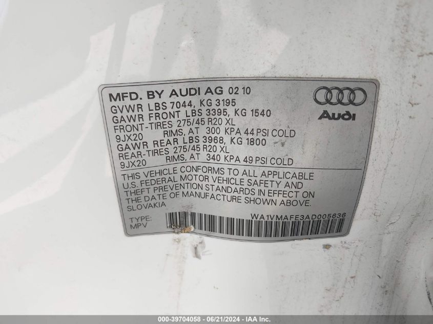 2010 Audi Q7 3.0 Tdi Premium VIN: WA1VMAFE3AD005636 Lot: 39704058