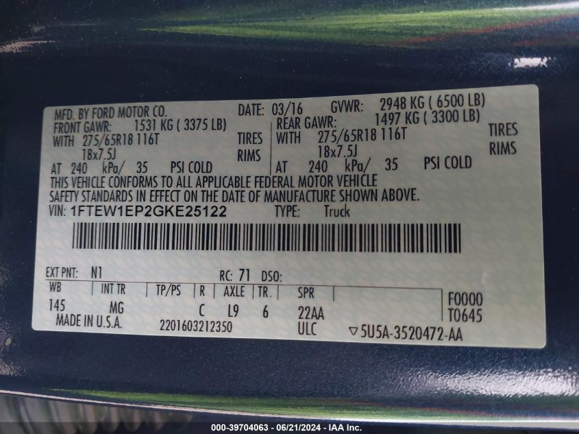 2016 Ford F-150 Xlt VIN: 1FTEW1EP2GKE25122 Lot: 39704063