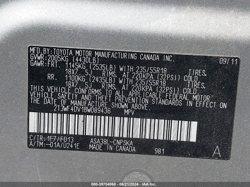 2011 Toyota Rav4 Sport VIN: 2T3WF4DV1BW089436 Lot: 39704068