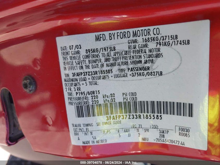 2003 Ford Focus Zx5 VIN: 3FAFP37Z33R185585 Lot: 39704078